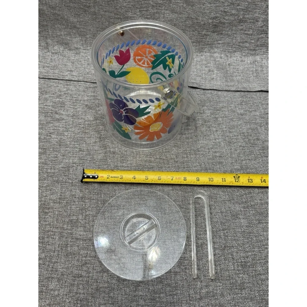 Vintage 1994 Clear Ice Bucket Party Floral Bright Colored Home Decor